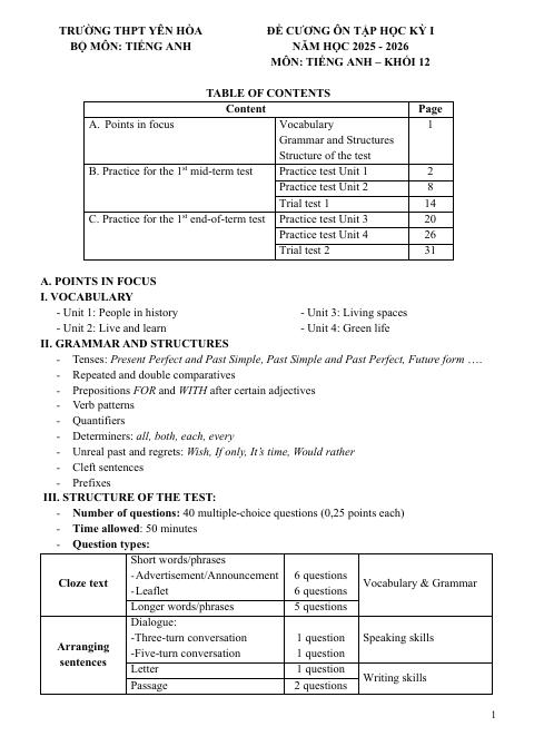 Đề cương ôn tập Học kì 1 Tiếng Anh 12 năm 2025–2026 trường THPT Yên Hòa (Hà Nội)